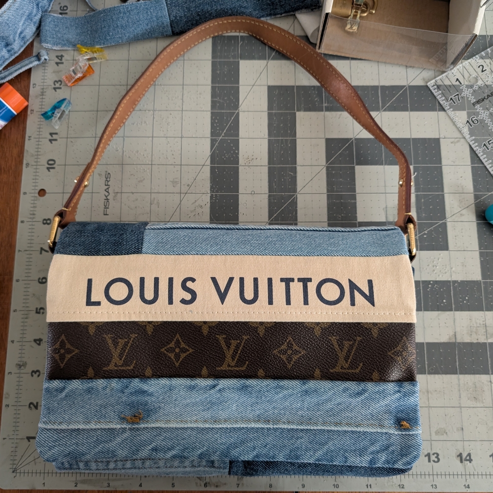 Repurposed Denim Shoulder Bag Made W Authentic Louis Vuitton Materials